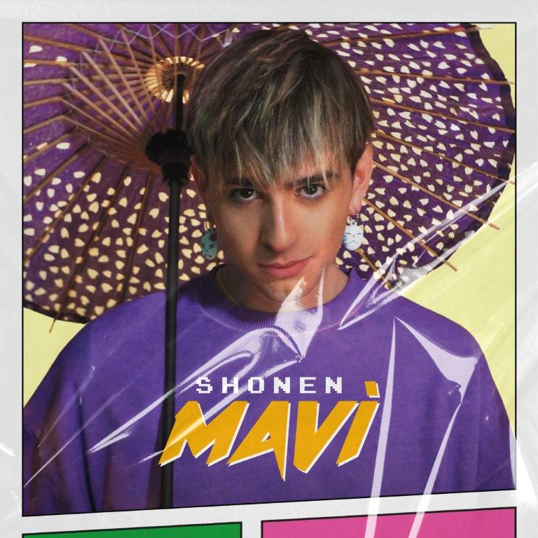 shonen - la copertina del singolo con mavì, che tiene in mano un ombrello colorato, e indossa una felpa viola