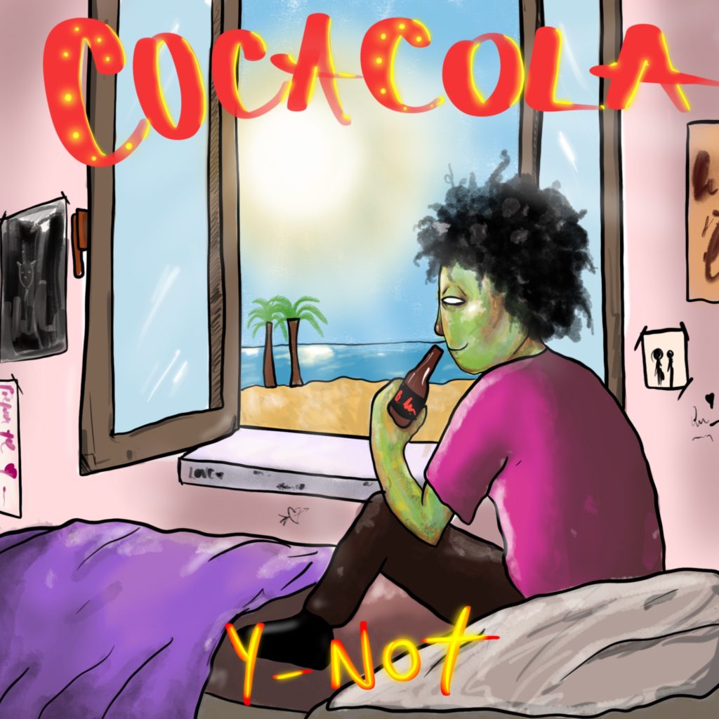 coca cola - la copertina del singolo, fatta a fumetto, che raffigura un ragazzo seduto sul letto ddella prooria cameretta, con una bottiglia in mano