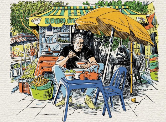 Anthony Bourdain - la copertina del libro che lo ritrae disegnato a fumetti seduto al tavolino di un ristorante all'aperto, con delle sedie azzurre,un ombrellone arancione e dietro di lui un chiosco con le tende a strisce verdi e gialle