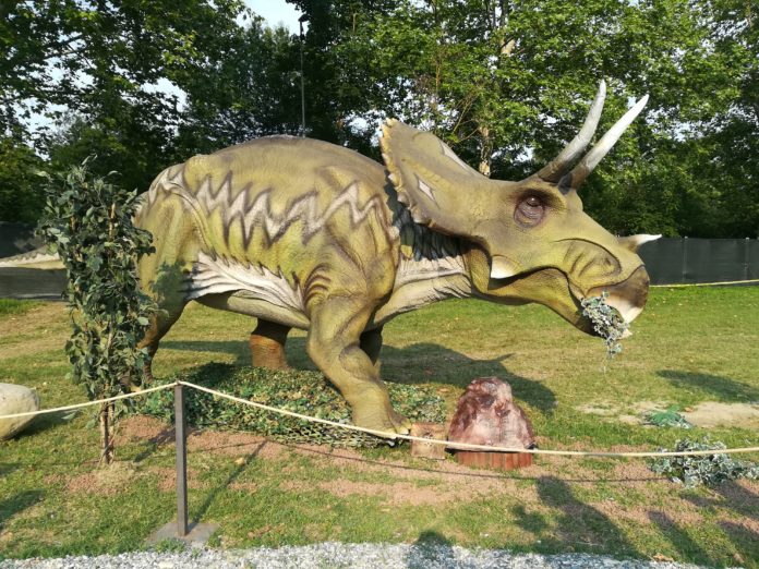 Dinosaurs Park, ripartenza. Il dinosauro di colore verde posizionato sul prato.