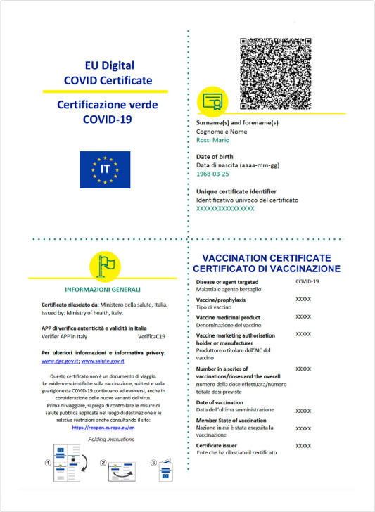 green pass - esempio di certificazione cartacea