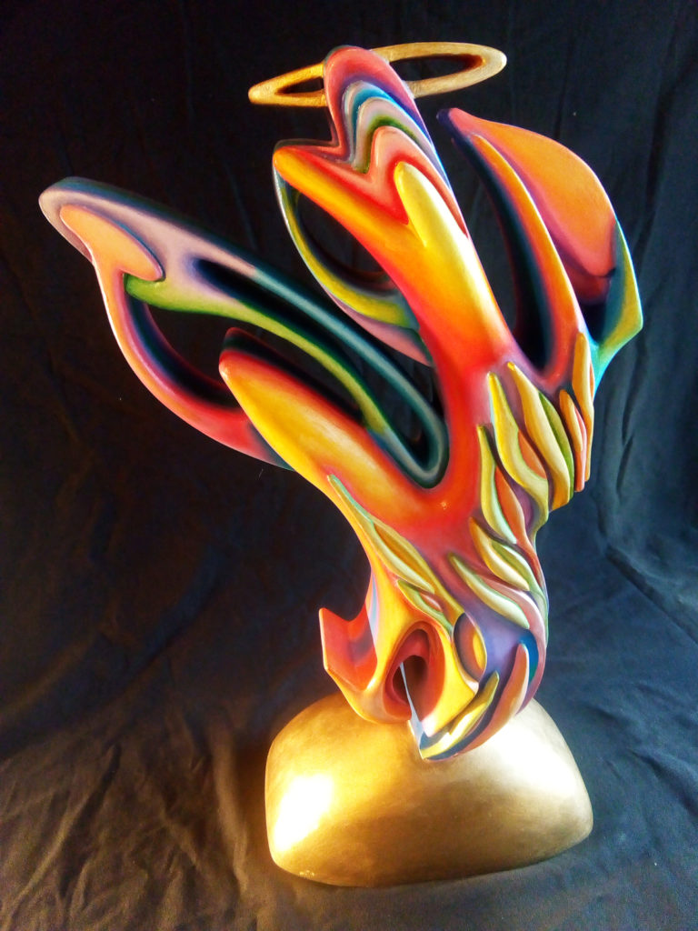 Aimasso e Sconfienza: visioni cromatiche tra percezioni e sinergie. Sculture di Lucia Sconfienza fiamme colorate