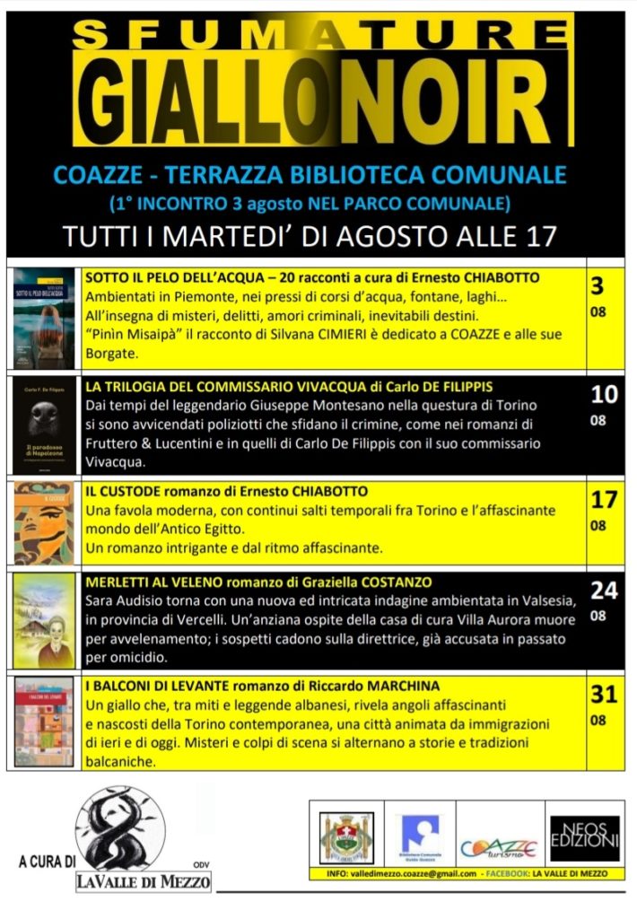 Coazze apre agosto "Sotto il pelo dell'acqua": antologia del noir. Locandina gialla e nera. 