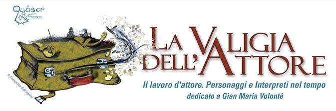 La valigia dell'attore - il logo bianco con disegnata una valigia da cui escono pellicole di film