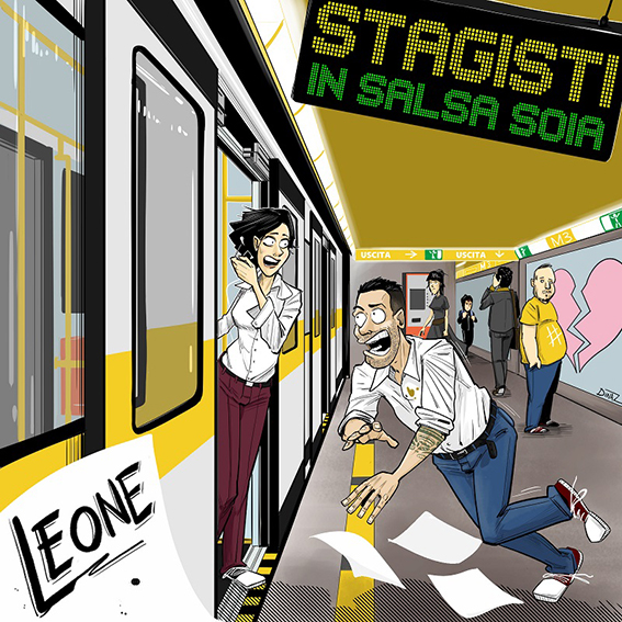 stagisti in salsa soia, la copertina del singolo che raffigura, a disegni, un ragazzo che cade davanti alle porte della metro
