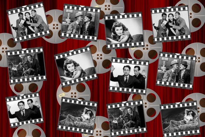 su sfondo rosso tanti frame di pellicola di film con dentro foto in bianco e nero di attori famosi