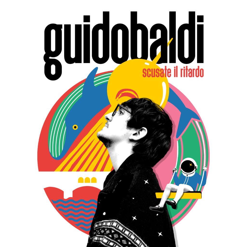 guidobaldi la copertina del disco scusate il ritardo, in primo piano di profilo in bianco e nero dietro un logo colorato con una balena e un'astronauta 