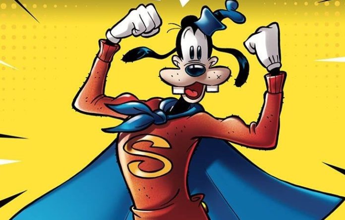 Superpippo nella copertina del fumetto. Indossa una calzamaglia rossa con la scritta 