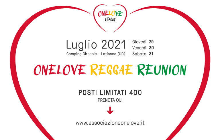 One Love reggae reunion il logo fatto da un cuore dal contorno rosso su sfondo bianco e le scritte della locandina 