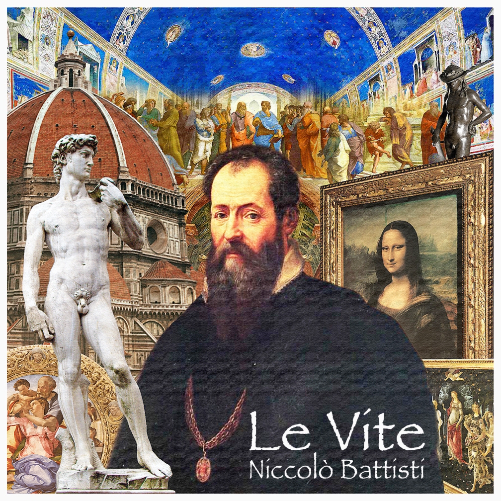 le vite elogio al buonarroti - la copertina del singolo, che vede il pittore in primo piano, circondato da diverse sue opere