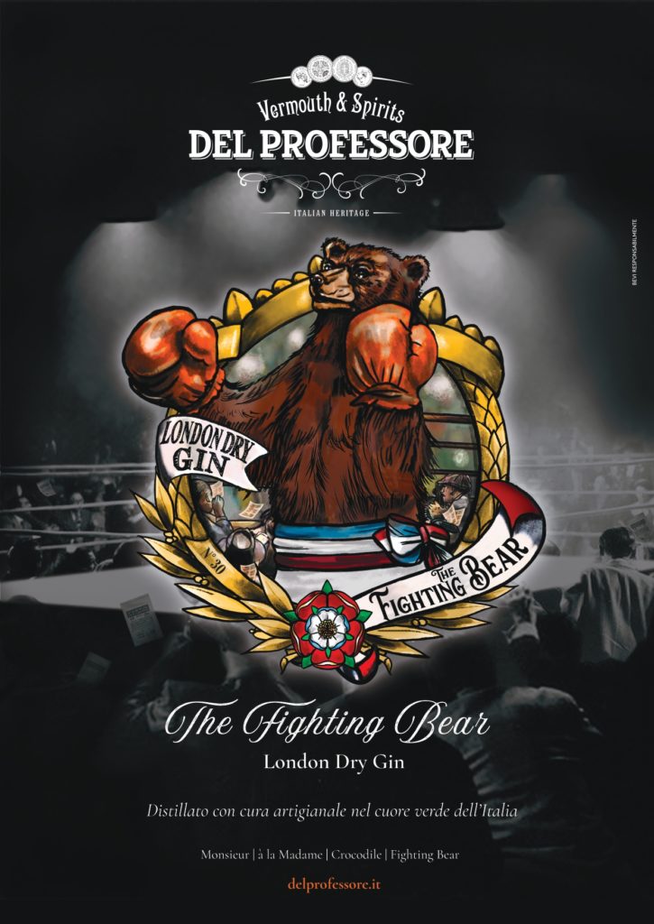 il marchio del gin The fighting Bear Del Professore. E' un bellissimo logo composto da un'immagine in bianco e nero di unring e di combattimento di pugilato e in primo piano colorato un orso con i guantoni da pugile alla sommità di una corona fatta con un nastro giallo e una coccarda rossa in basso