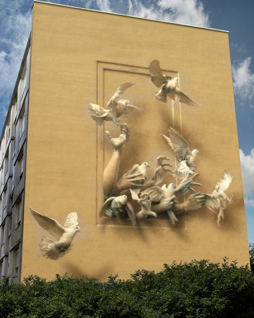 Street Art: dove, come, ma... soprattutto bella! Le. Monument. Di Eron.. Colombe e mani 