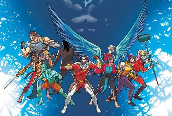 Suicide Squad i rivoluzionari - volume due, la copertina, su sfondo blu che poi sono le ali di un uomo pipistrello, in basso gli altri personaggi del fumetto,, tutti colorati di rosso