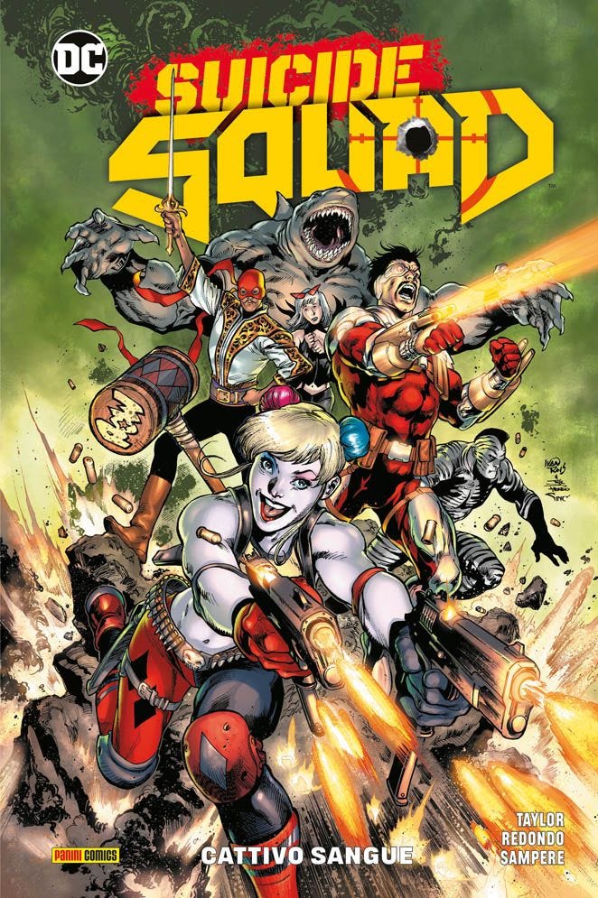 Suicide Squad - la copertia del primo volume con tutti i personaggi della serie a fumetti di Panini comics, sono disposti a piramide , sono corazzati e hanno in mano delle armi atomiche