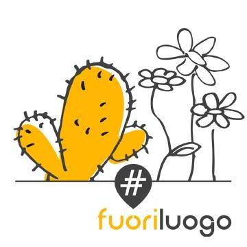 Biella #fuoriluogo il logo: su sfondo bianco il disegno di un cactus giallo co tante spine, vicino a dei fiori disegnati in bianco e nero