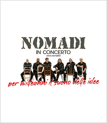 Festival Comntro: la locandina del concerto dei Nomadi, i sei componenti del gruppo sono seduti a cavalcioni su delle sedie messe al contrario