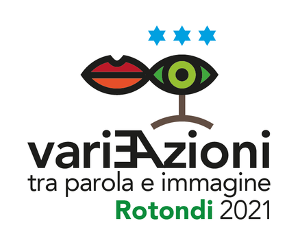 Vari∃Azioni il logo su sfondo bianco il disegno di una bocca attaccato al disegno di un occhio con pupilla verde e, insieme formano il segno dell'ìinfinito. Sotto l'occhio parte una riga verticale che termina con una riga circolare che forma le gambe di una figura stilizzta