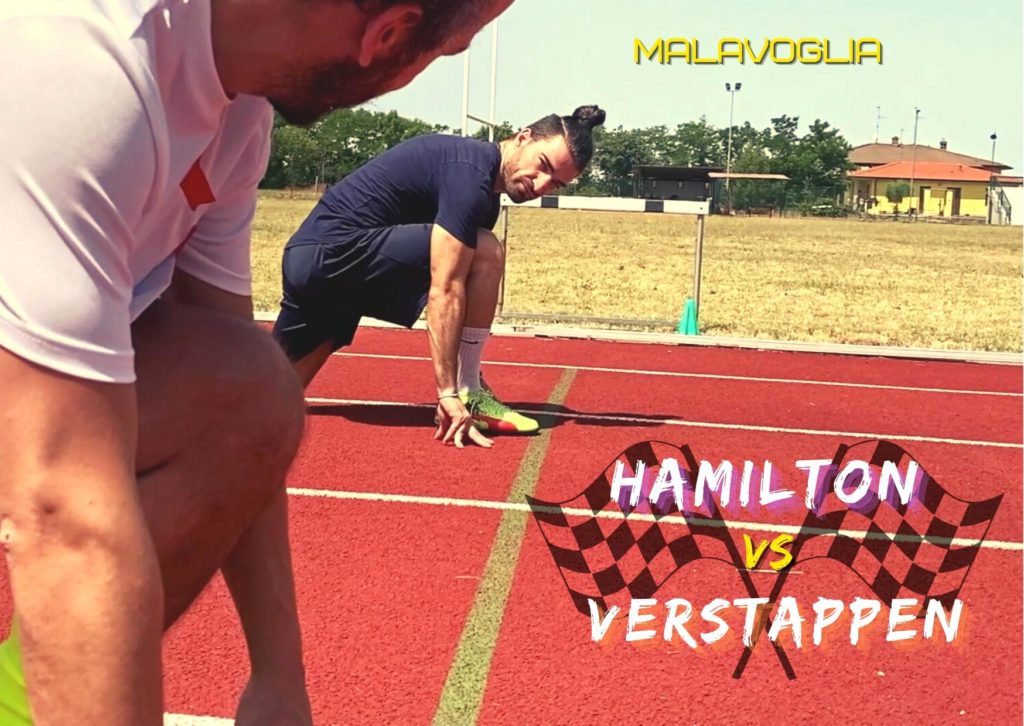 Hamilton vs Verstappen: l'immagine raffigura due atleti ai blocchi di partenza, su una pista di atletica