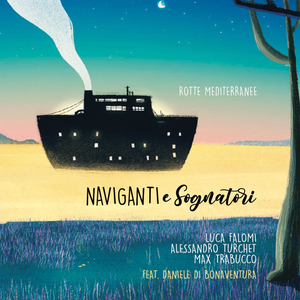 naviganti e sognatori - la copertina dell'album rotte mediterranee che raffigura il disegno di una nave nera in mare