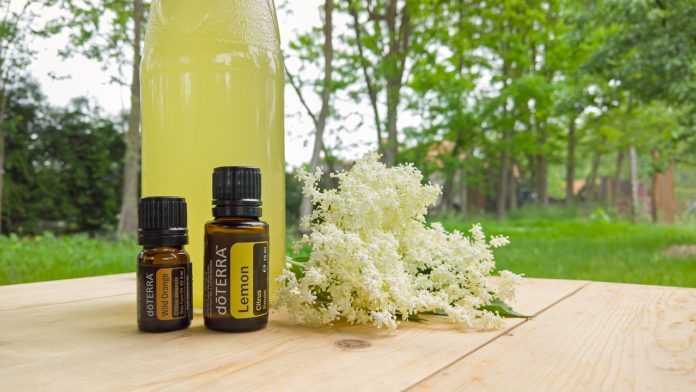 Limone, olio essenziale. Nelll'immagine l'olio essenziale di limone con un mazzolino di fiori bianchi. Tutto appoggiato su un tavolo in legno con, sullo sfondo, degli alberi .