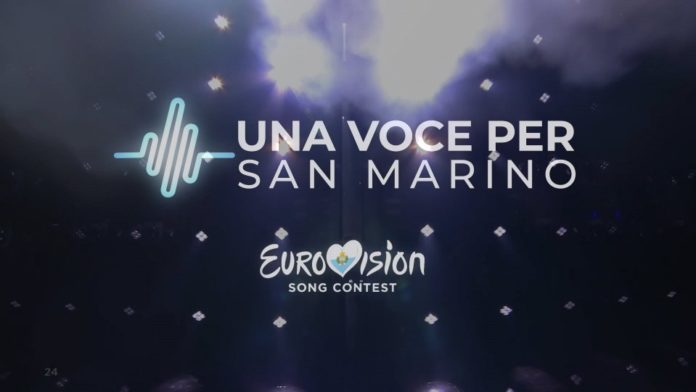 una voce per San Marino, contest, titolo della manifestazione su sfondo blu con le luci da concerto, la scritta Eurovision