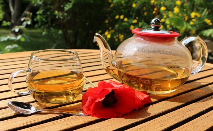 Tisane, benefici, controindicazioni. Una tazza di vetro trasparente con all'interno una tisana di colore ambrato. Accanto una teiera. Il tutto appoggiato su un tavolo in legno con davanti ilo fiore di un papavero rosso.