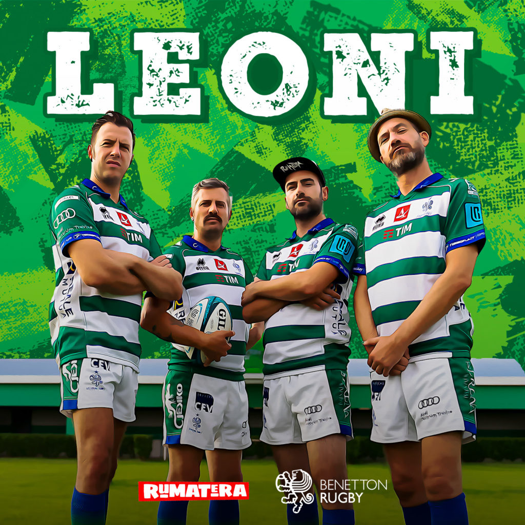 rumatera - la copertina del singolo leoni che vede la band indossare le maglie bianco verdi della squadra di rugby trevigiana