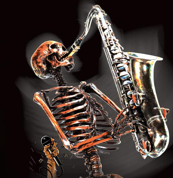 Halloween jazz night, uno scheletro illuminato con luci rosse su fondo nero suona un saxofono