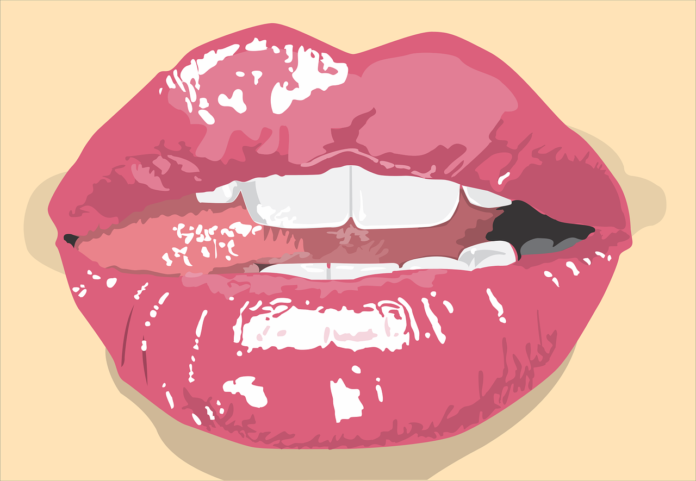 Ti Lov - il disegno di una bocca con labbrarosa, denti bianchi e la lingua a lato che accarezzaq i bordi della bocca