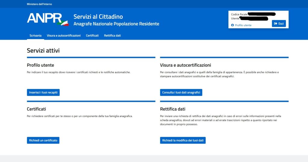 ufficio anagrafe - lo screenshot dei servizi proposti dal sito ANPR
