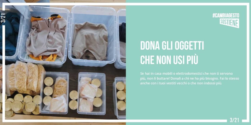 cambiagesto sostenibilità - nella foto un frame del manuale delle buone abitudini con un afoto di contenitori di plastica trasparente con dentro magliette, barattoli di latta, cibo e a lat, su sofondo verde la scritta "dona gli oggetti che non usi più"