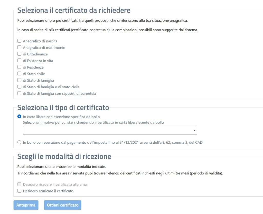 Ufficio anagrafe - screenshot della schermata dell'ellenco certificati anagrafici