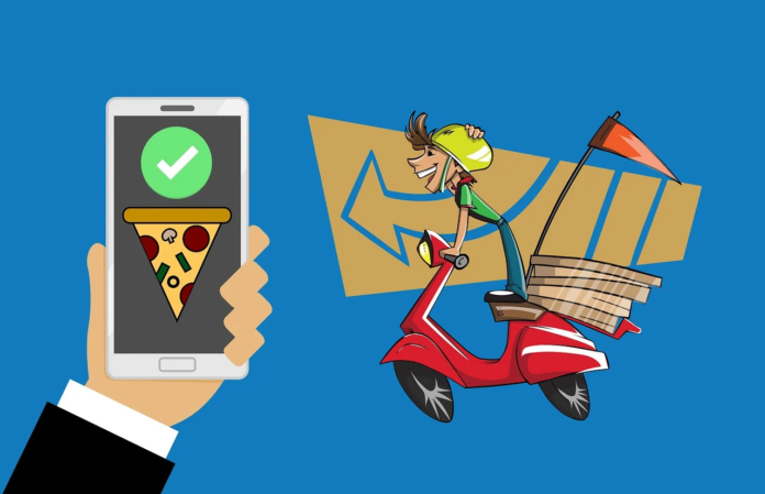 Share The Meal. app, smartphone, tablet, pasto. Un telefono con l'immagine di una fetta di pizza e sulla destra della foto un omino su un motorino che trasporta scatole di pizza.