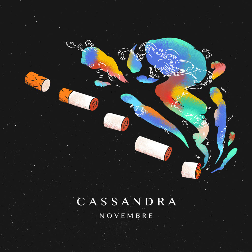 novembre - la copertina del singolo che raffigura una sigaretta rotta a piccoli pezzi e una nuvola di fumo colorato