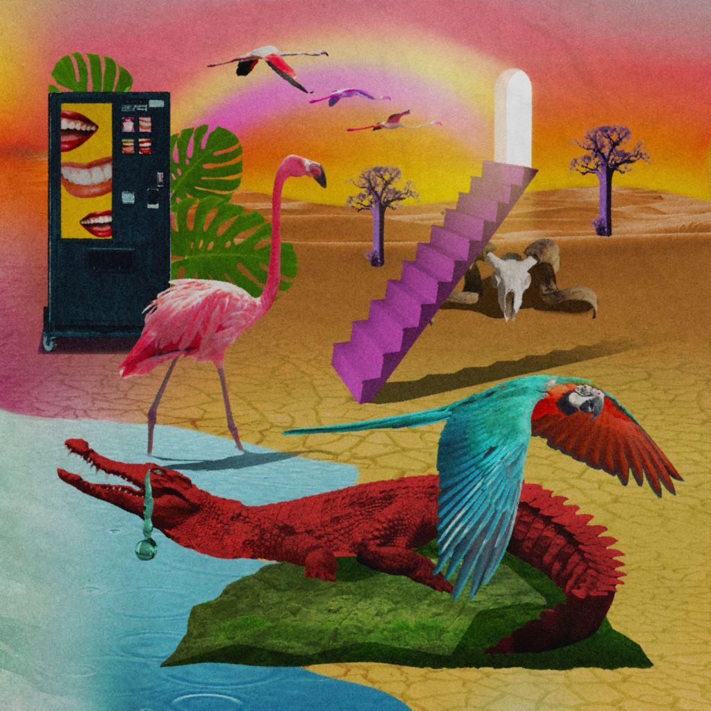 moscardi - la copertina di faccio un salto in africa, che raffigura una spiaggia, con animali disegnati e un distributore di bibite
