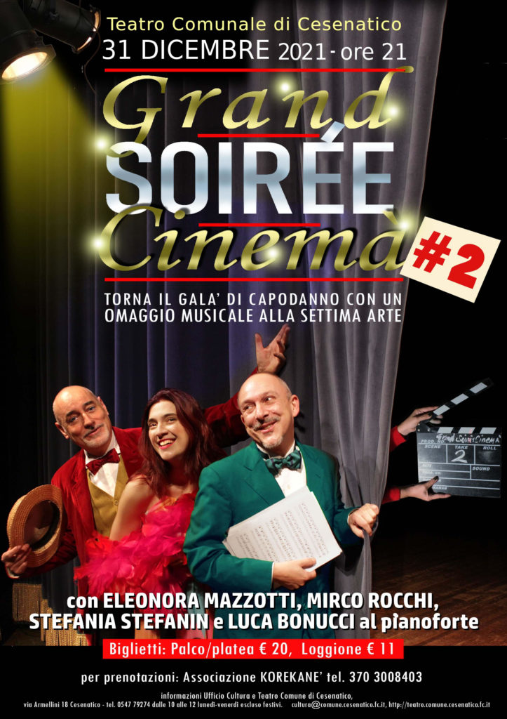 Grand Soirée cinema - la locandina dell'evento con due uomini e una donna. Dietro di loro un sipario grigio da cui spuntano due mani che tengon in mano un ciak di scena