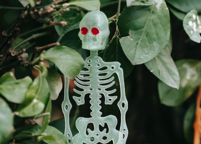 albero della morte - un piccolo scheletro verde con gli occhi rossi appeso a delle foglie