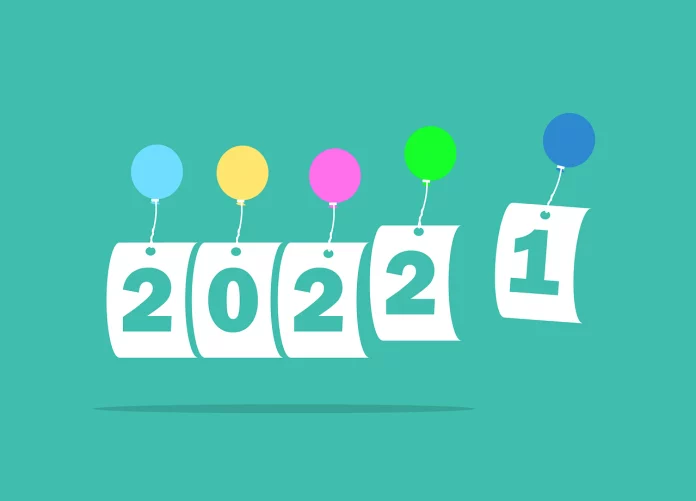 2022, cioccolata calda, luce, hygge, abbraccio, road map, tempo. Sfondo verde acqua con i numeri 2022 e l'1 che si stacca