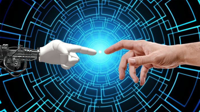 robot - un dito indice artificiale sfiora un dito indice umano come nel dipinto di Michelangelo e dietro un'immagine azzurra di cerchi concentrici simbolo sdi tecnologia