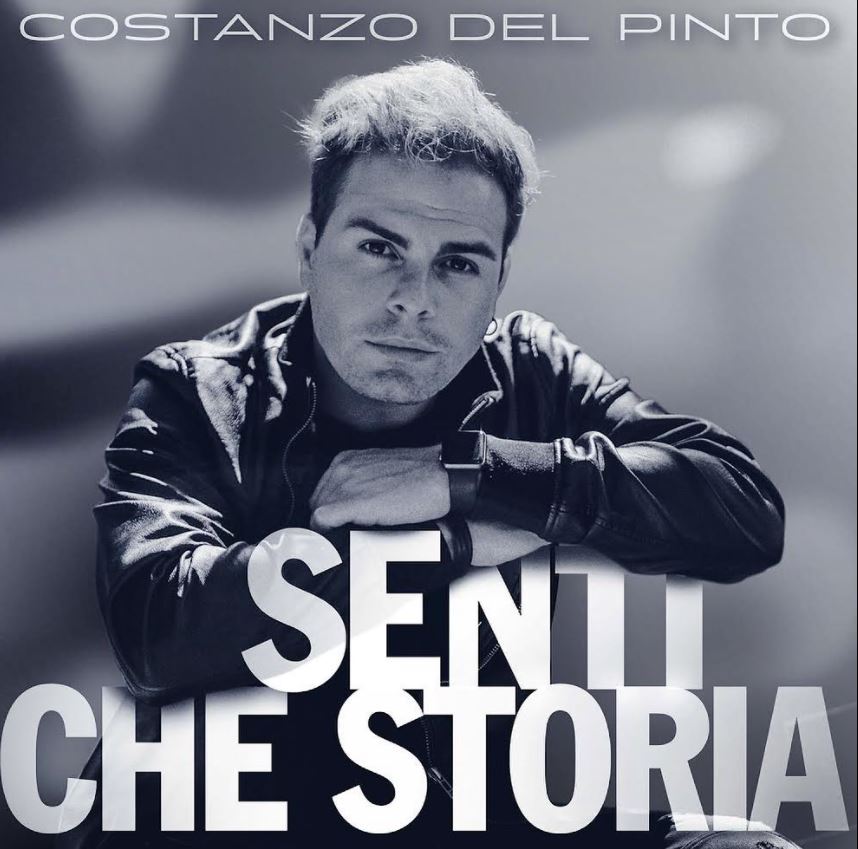 costanzo del pinto - la copertina del singolo senti che storia, che lo ritrae in primo piano, braccia conserte, con indosso un giubbotto di pelle nera