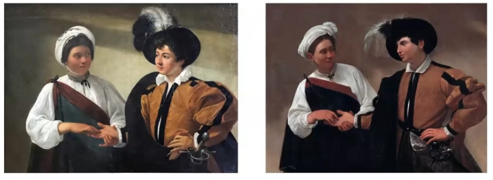 Gli zingari di Caravaggio: la predizione della "Buona Ventura". Due dipinti a confronto in entrambi una zingara con turbante bianco legge la mano a ragazzo vestito bene con cappello con Piuma. 
