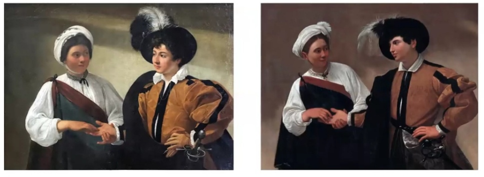 Gli zingari di Caravaggio: la predizione della "Buona Ventura". Due dipinti a confronto in entrambi una zingara con turbante bianco legge la mano a ragazzo vestito bene con cappello con Piuma.