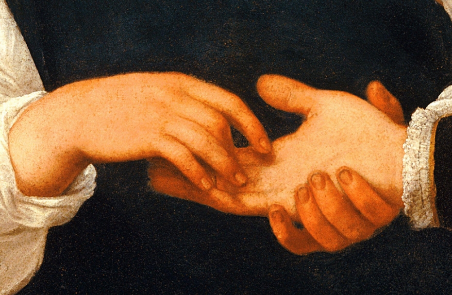 Gli zingari di Caravaggio: la predizione della "Buona Ventura". Particolare del dipinto. Mano della zingara mentre con il dito medio sfila l'anello dalla mano del ragazzo.