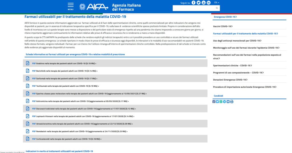 farmaci anti covid-19 - screenshot della pagina del sito AIFA