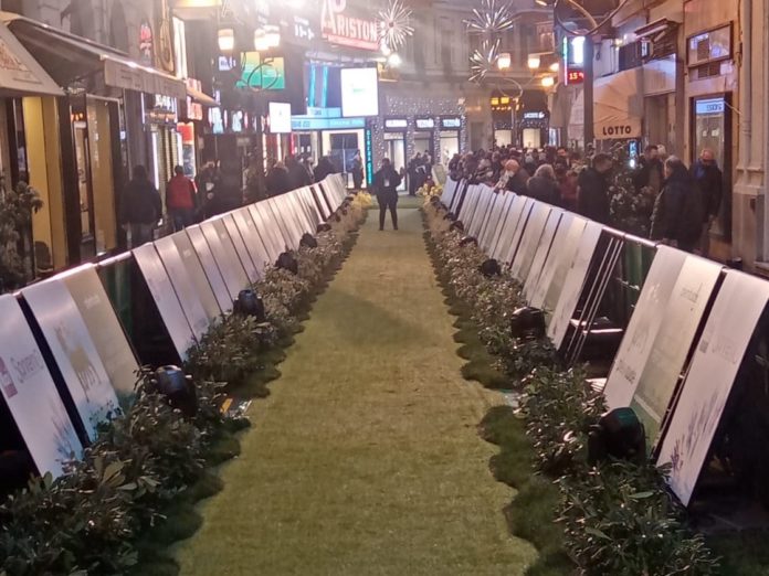 il red carpet di colore verde davanti all'ariston di sanremo. Il tappeto copre tutta la via che porta al teatro ed è circondato da transenne con tanti spettatori