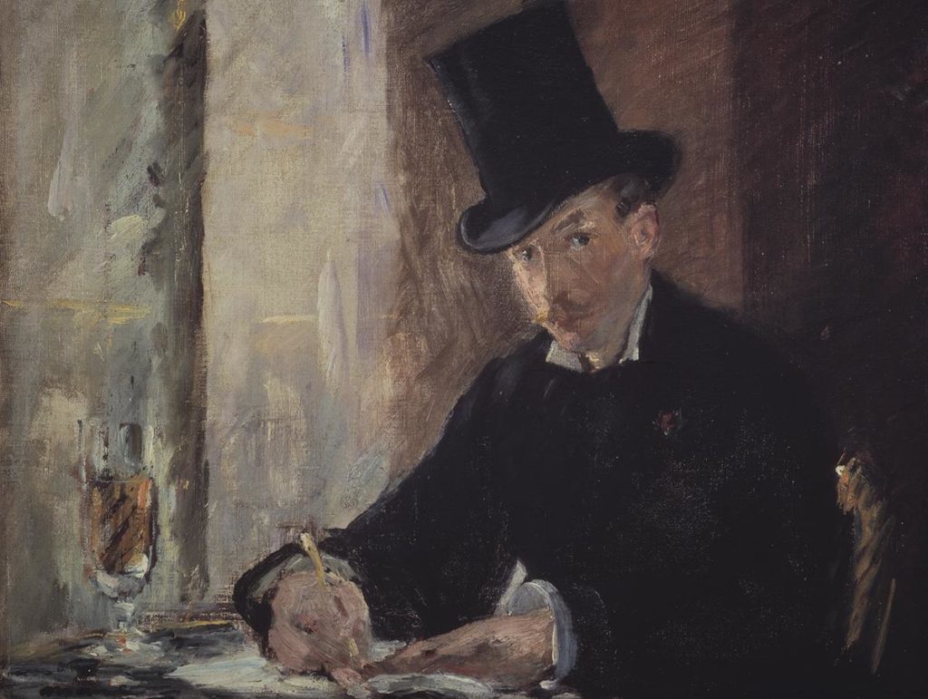 Dipinto di Manet un uomo scrive con una matita su un taccuino abito e cappello nero 