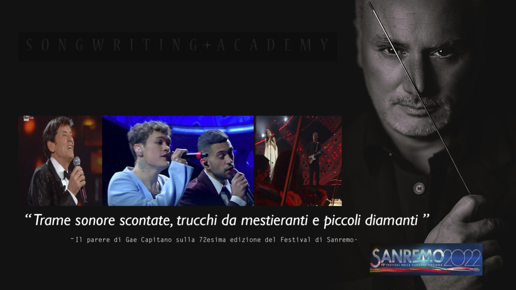 festival di sanremo 2022: un collage di immagini che ritrae gianni morandi, mahmood e blanco, elisa e gae capitano con la bacchetta da direttore d'orchestra in mano