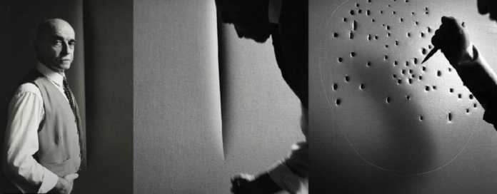 Lucio Fontana, l'infinito scorre attraverso i buchi. in foto bianco e nero lucio fontana mentre buca la tela con un punteruolo
