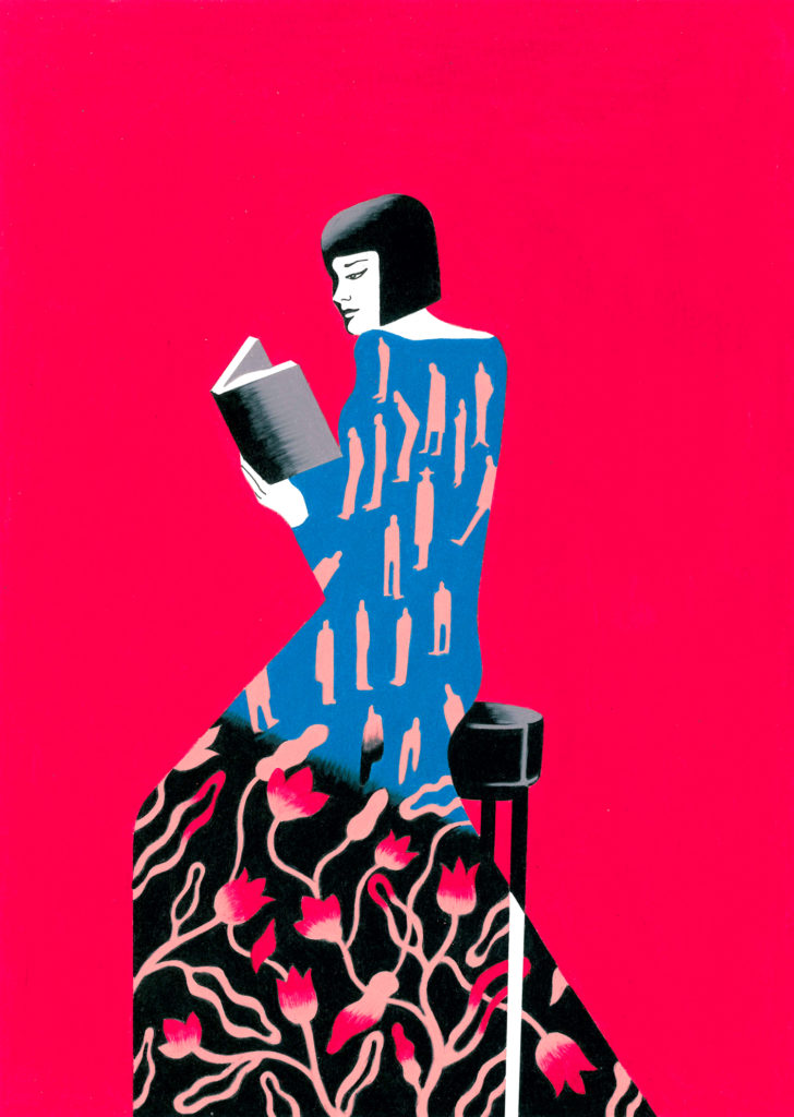 Book Pride, a Milano la fiera dell'editoria indipendente  una donna su sfondo fucsia con vestito nero lungo a fiori legge un libro