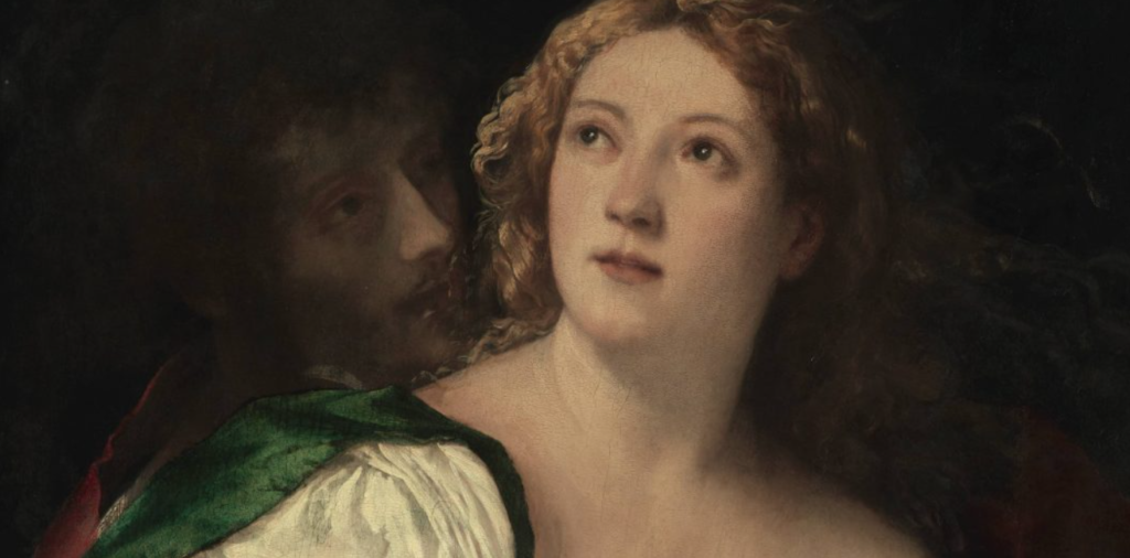 2022 le mostre da non perdere: da Canova a Klimt, passando per i Surrealisti. dipinto di Tiziano un volto di donna in primo piano in luce con camicia bianca dietro in ombra un volto di uomo con baffi